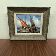 Oil on canvas, marine scene, Marcel Abougit, Fishing boats, French Riviera
