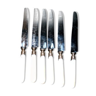 Set of 6 antique mother-of-pearl table knives and stainless steel blade 24.5 cm