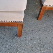 Pair of Art Deco brown and cream chairs in cherry wood and fabric, 1930s.
