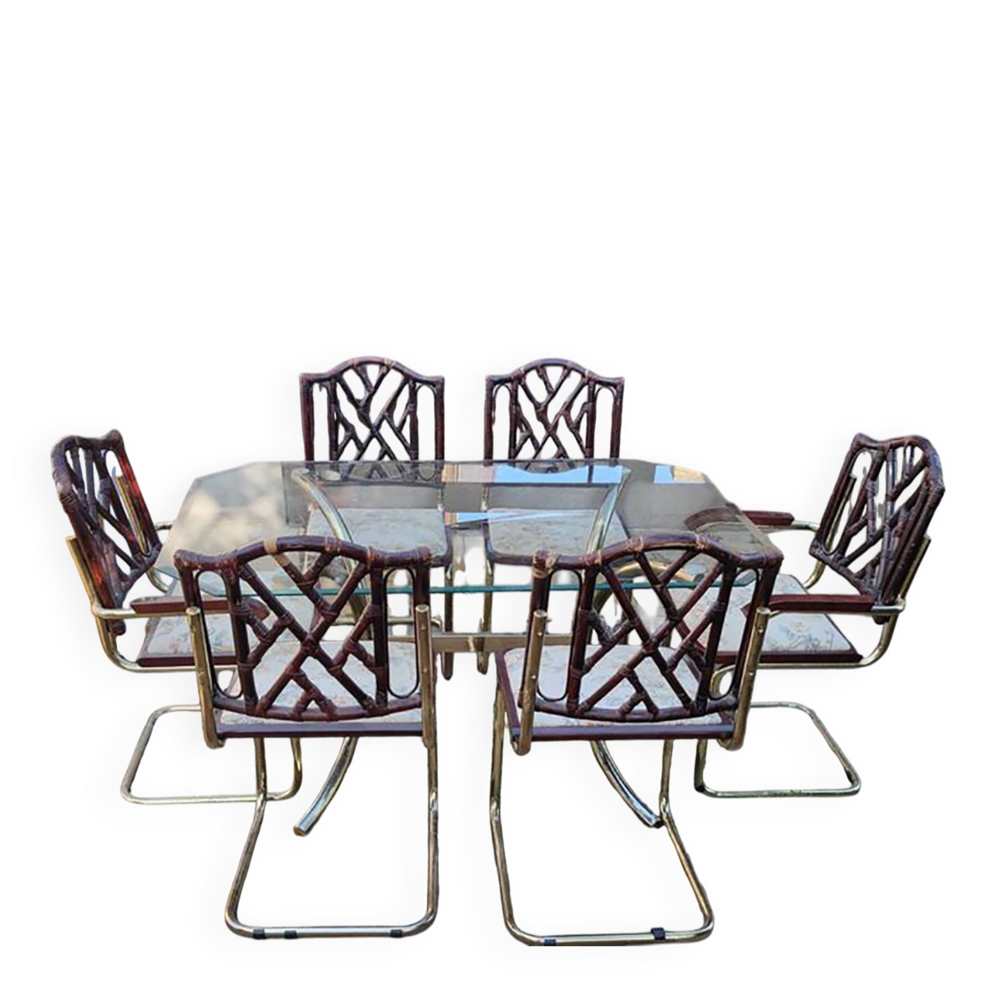 Vintage 1970s set in gilded brass, glass table and 6 brown and straw yellow chairs.