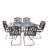 Ensemble vintage 1970s en laiton doré, table verre et 6 chaises marron et jaune paille