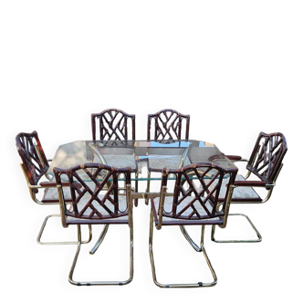 Vintage 1970s set in gilded brass, glass table and 6 brown and straw yellow chairs.