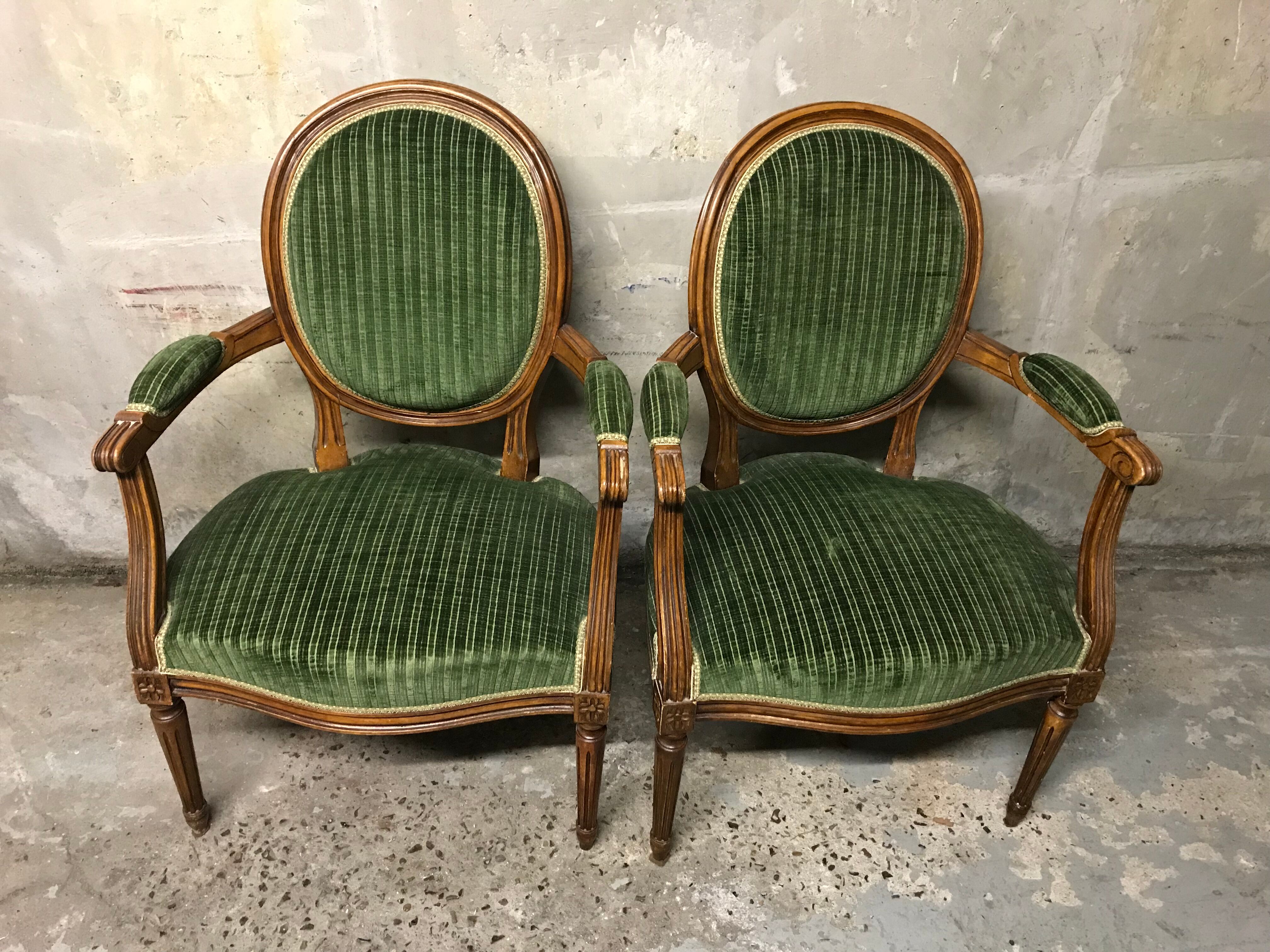 Pair of armchairs Louis XVI green convertibles