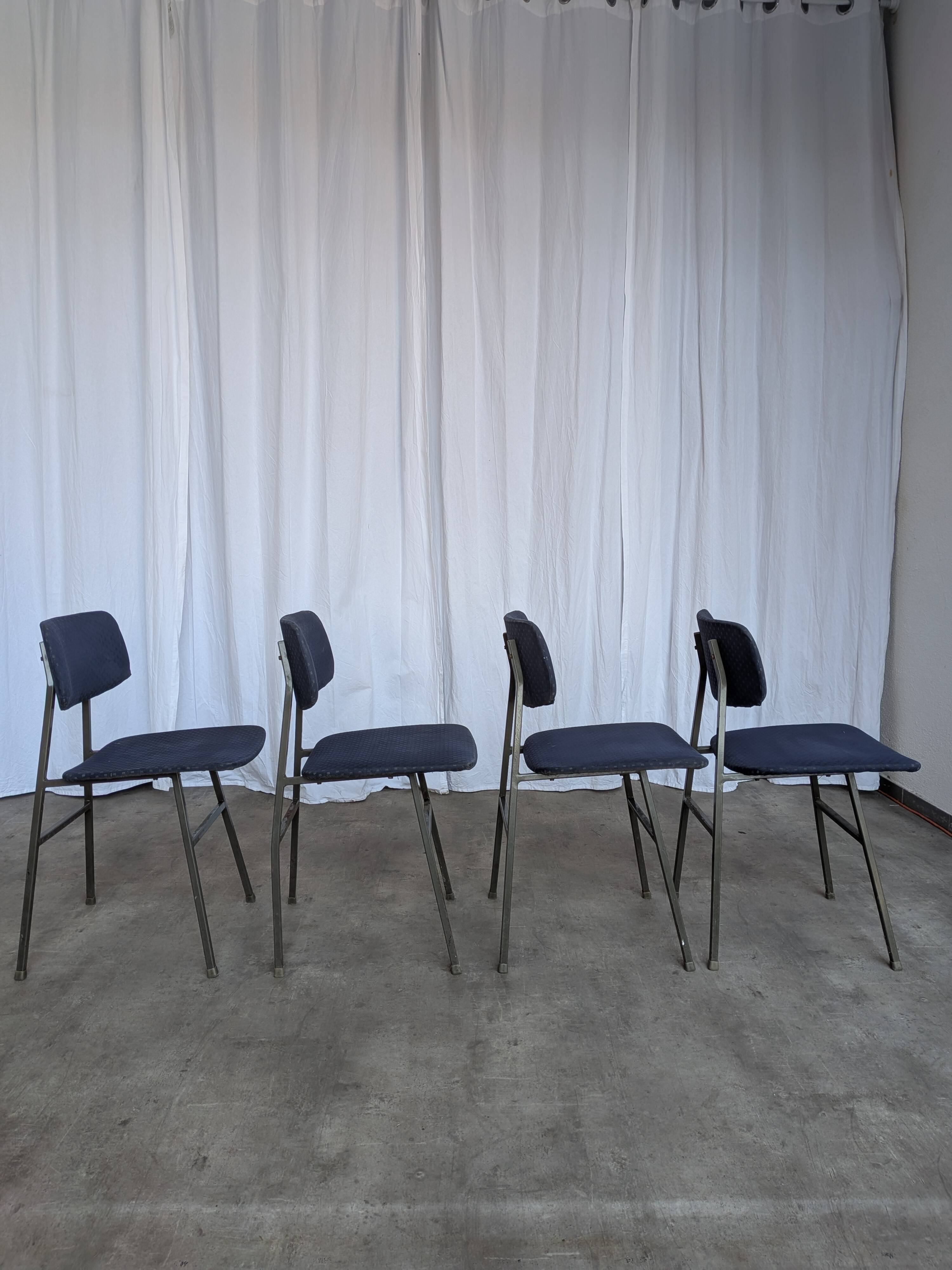 Set of 4 Vintage Stol Kamnik School Chairs Blue Upholstered Retro Dining Ch