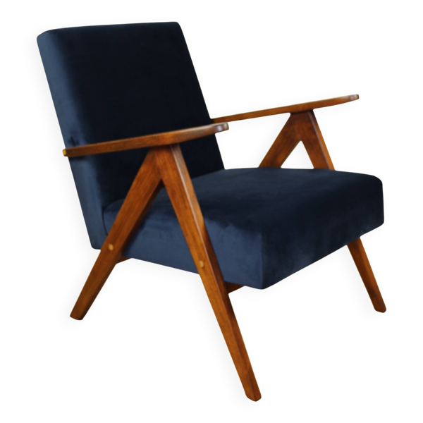 Fauteuil classique Var B-310 vintage des années 1960 en velours bleu marine - bois foncé - 2 pièces disponibles