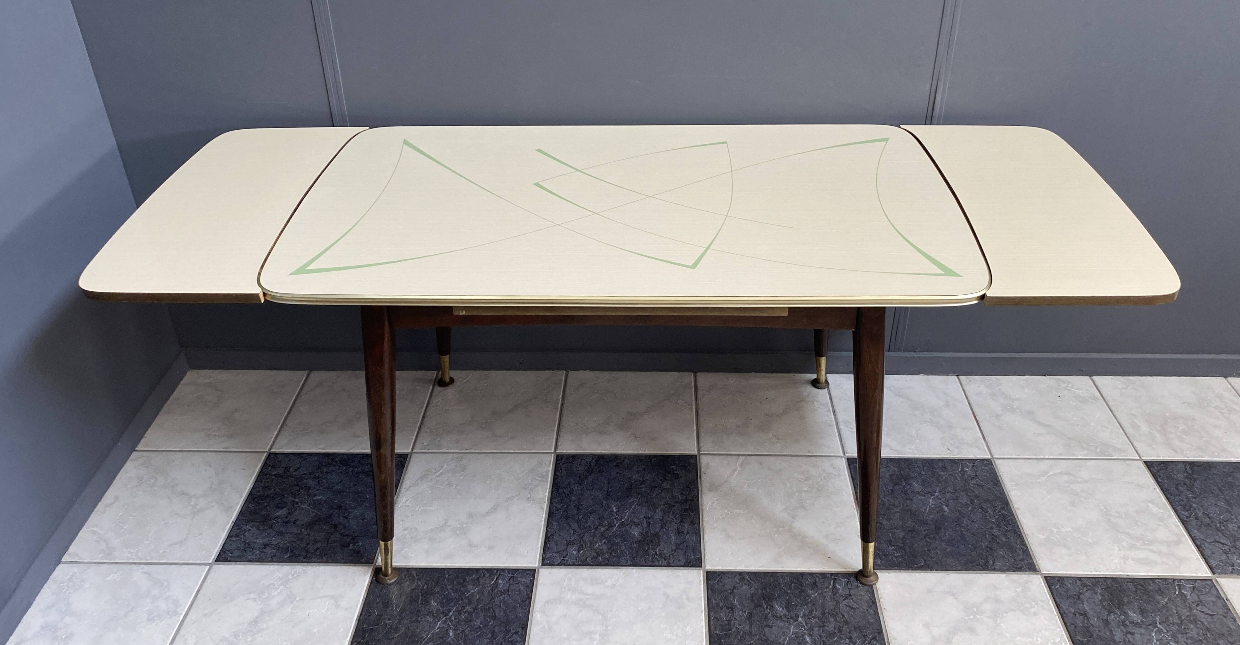 cream and green color 1960s formica dining table enlarge and changing in height