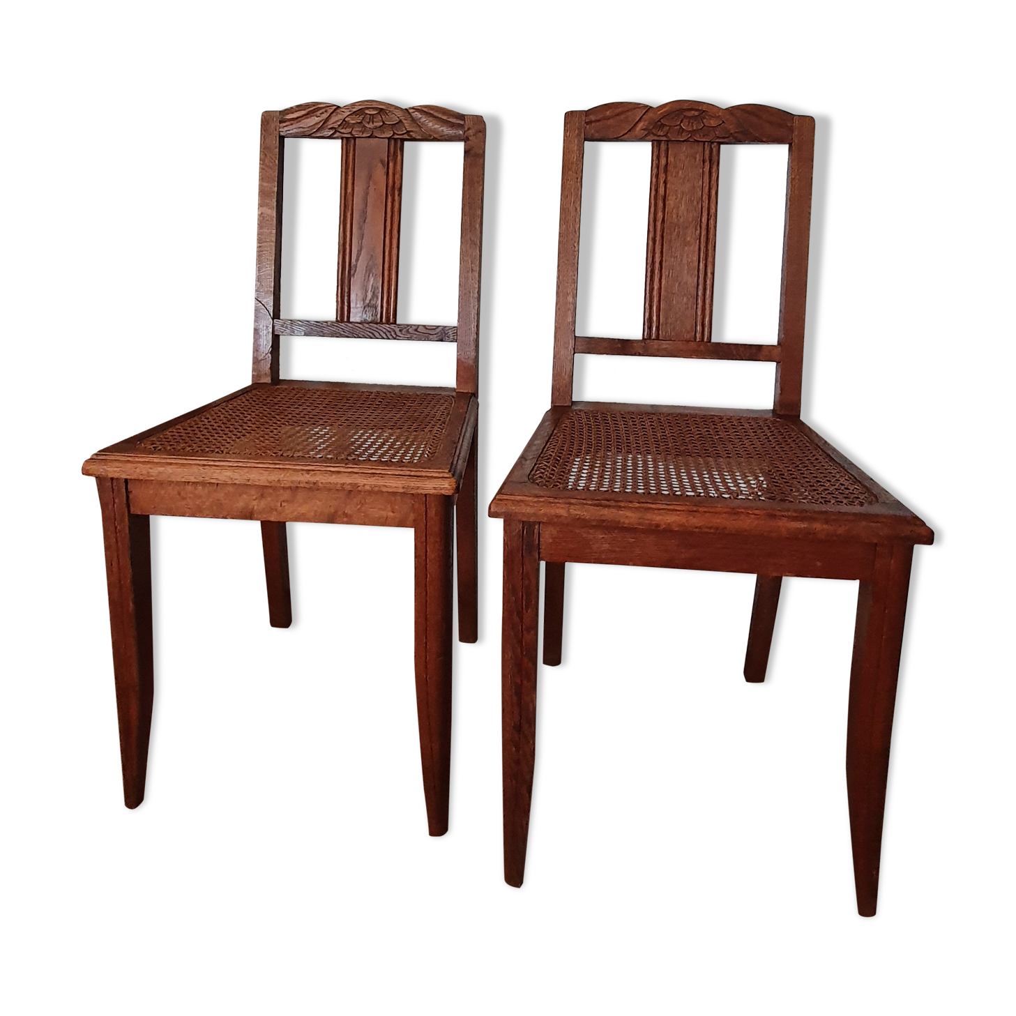Pair of wooden chairs and Art Deco canning