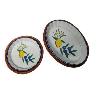 Lot de 2 petits plats décor provençal avec panier en osier vintage