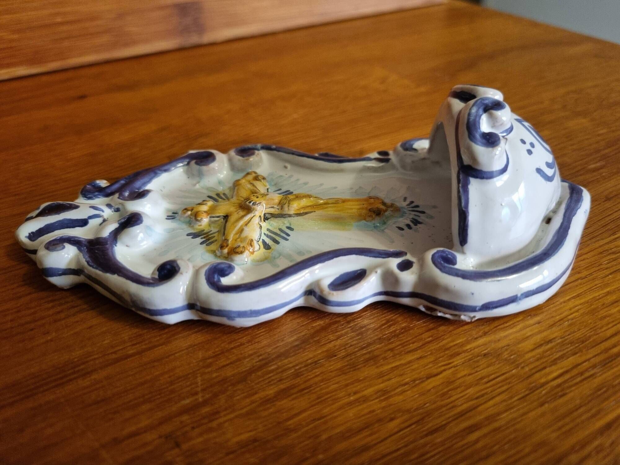 Antique enamelled faience holy water font with crucifix by Famulari Santo Stefeno.