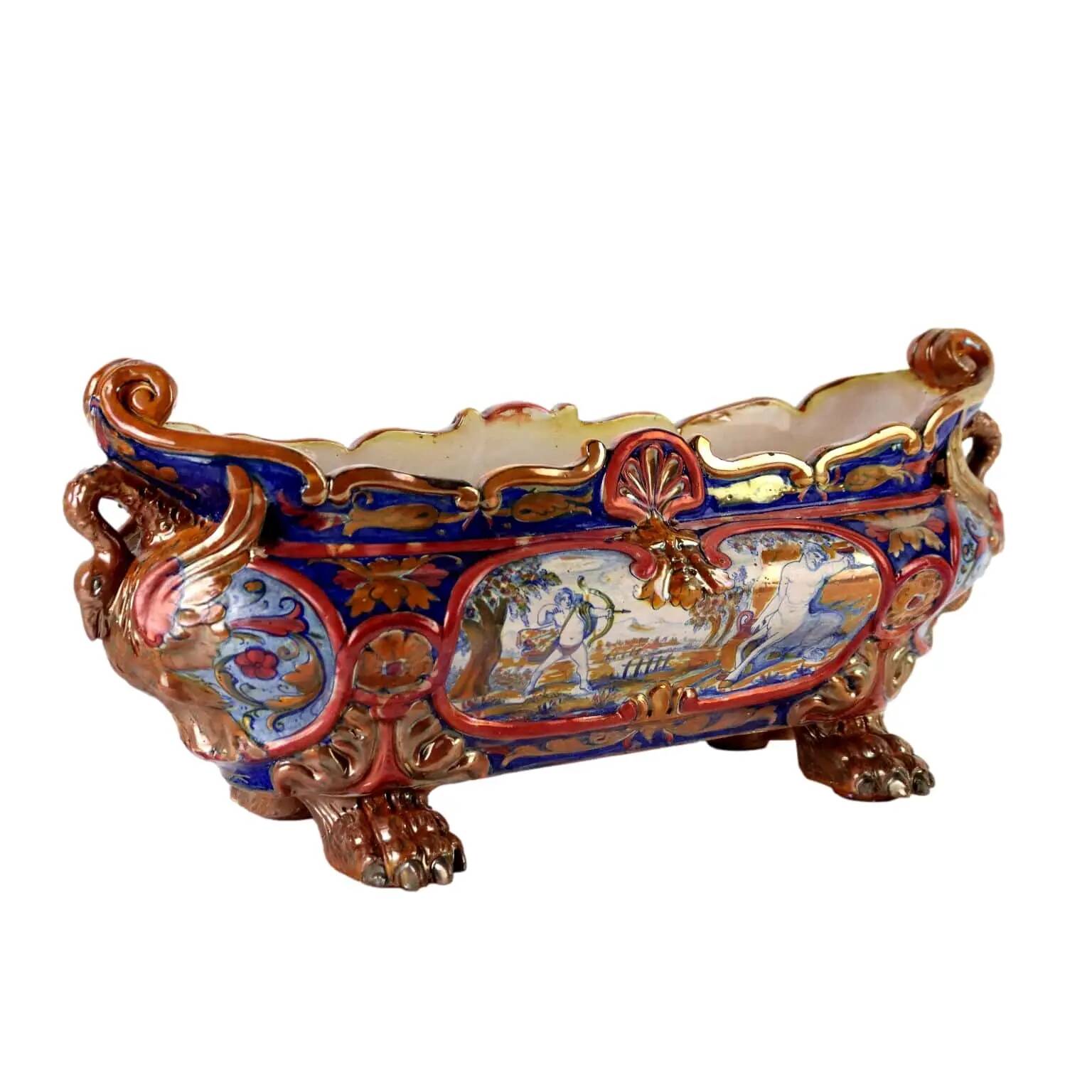 Antique jardinière in majolica Man. Santarelli Gualdo Tadini Italy 1920s