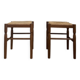 Pair of 20th century wooden stools with straw seats