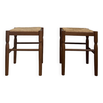 Pair of 20th century wooden stools with straw seats