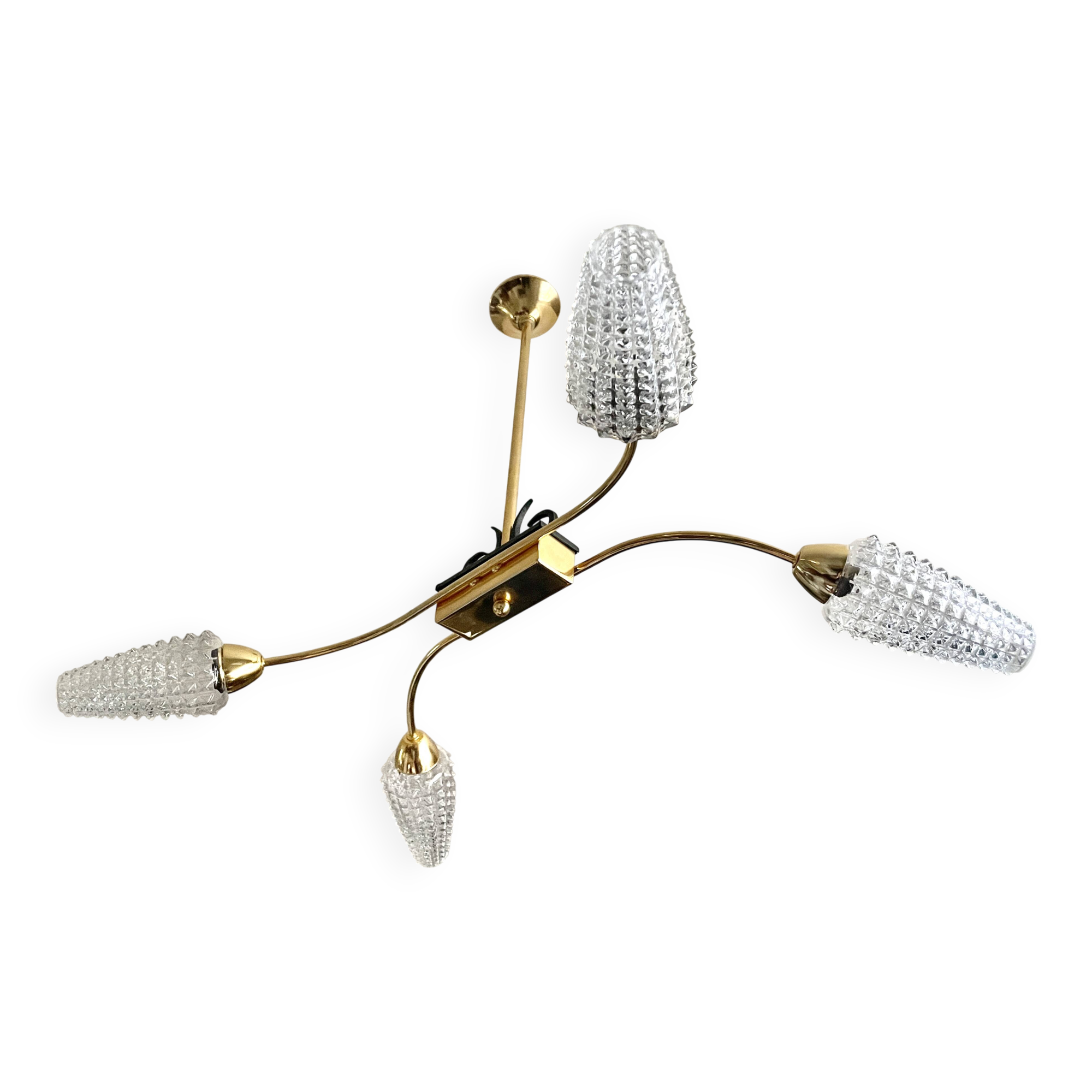 Lustre laiton doré à 4 tulipes Arlus 1950