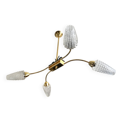 Lustre laiton doré à 4 tulipes Arlus 1950
