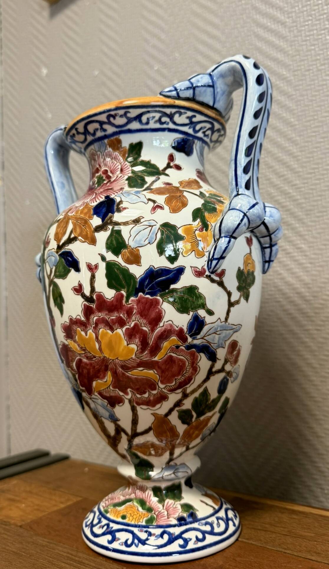 Gien: Important earthenware vase with peony decoration