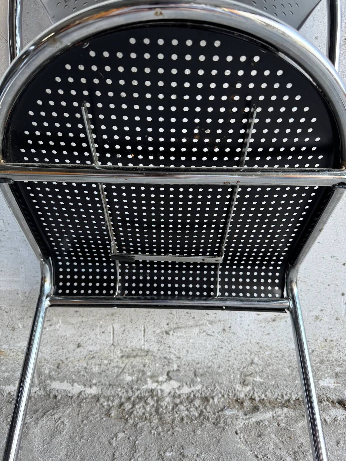 Set of 2 black perforated metal chairs with chrome frame, 1980s industrial-modern design