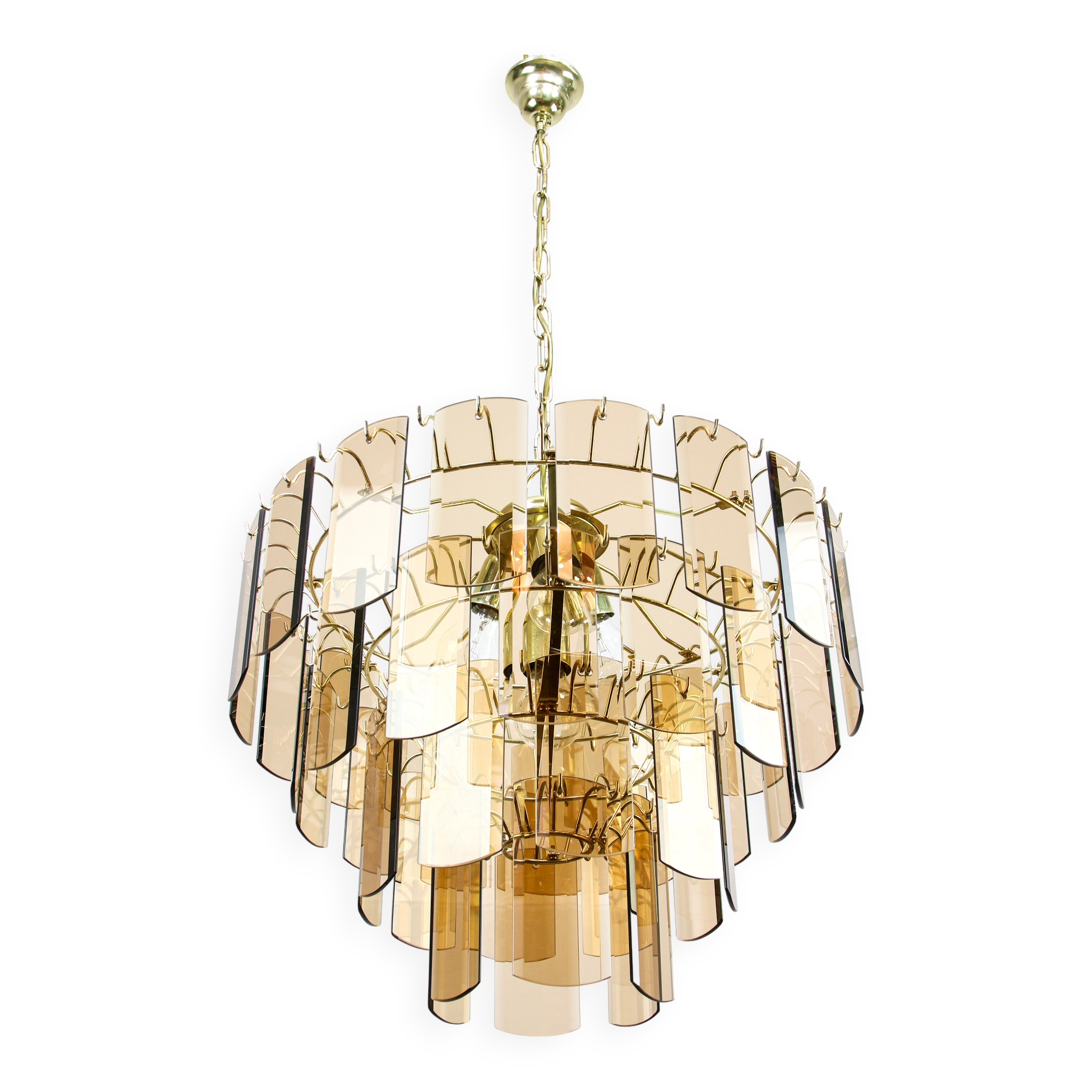 Vintage Veca Chandelier: Italian 1970s Smoked Glass & Brass Pendant Lamp