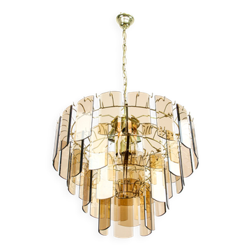 Vintage Veca Chandelier: Italian 1970s Smoked Glass & Brass Pendant Lamp