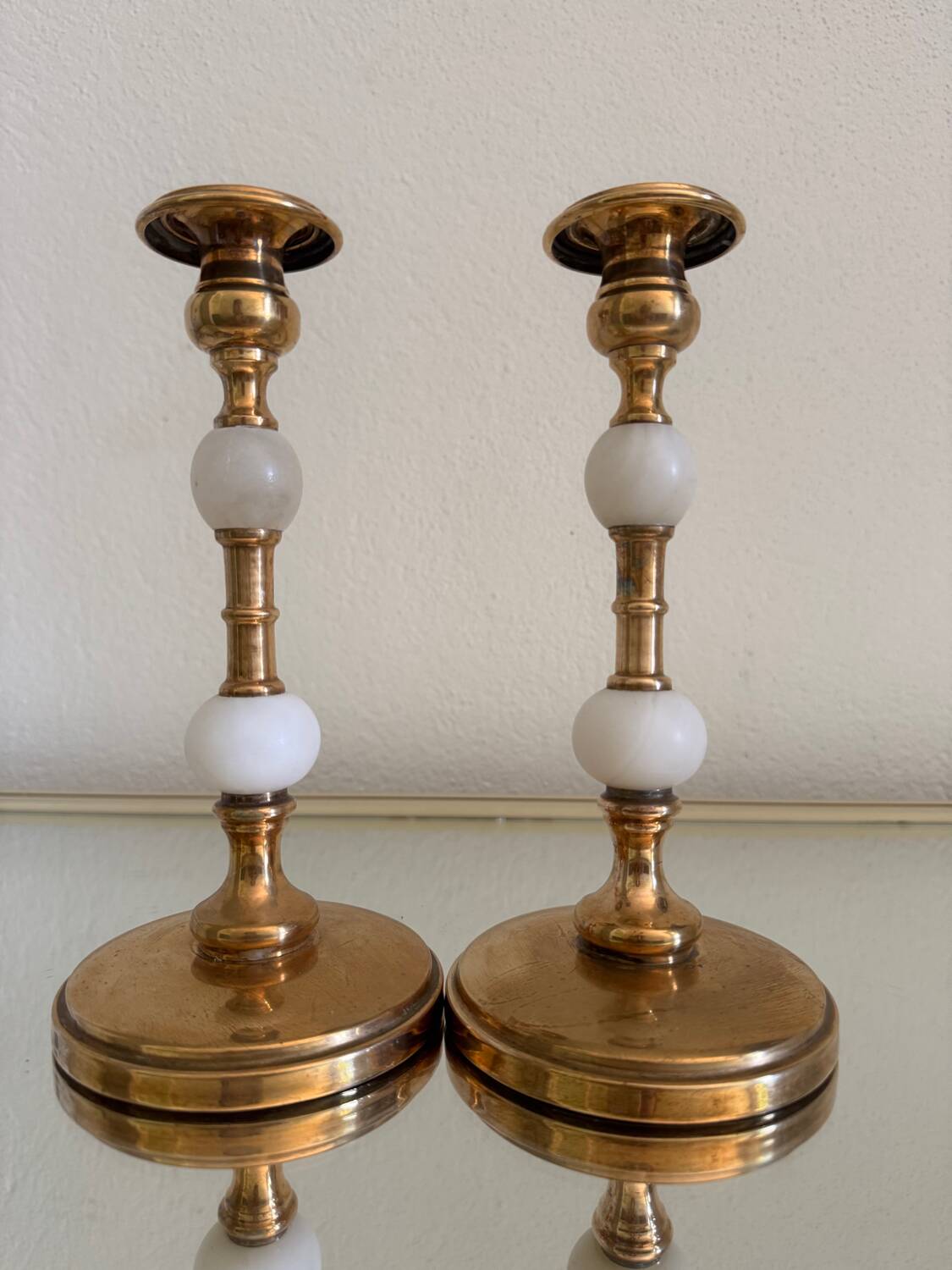 60s gold alabaster metal candlesticks