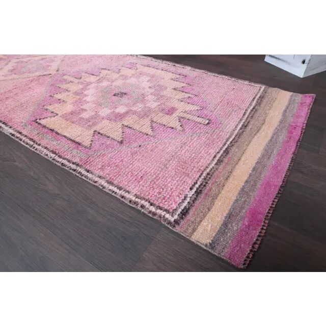 Vintage Turkish Hand-Knotted Wool Cotton Pink Runner Rug 91x288