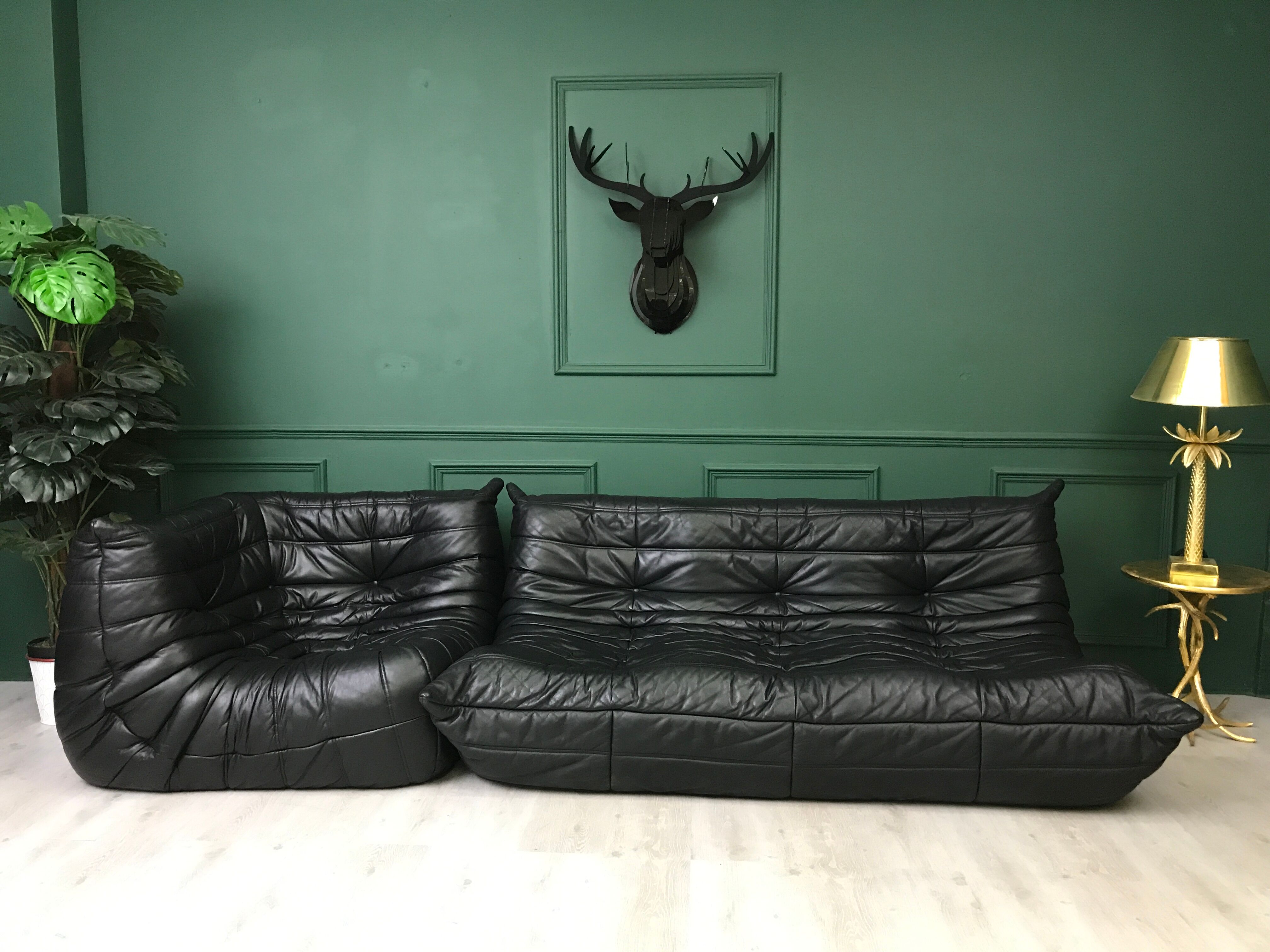 Black leather three seater sofa Togo by Ligne Roset