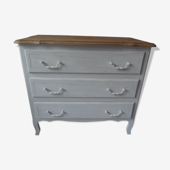 Commode vintage patinée gris perle blanc poudré  plateau bois finition cirée