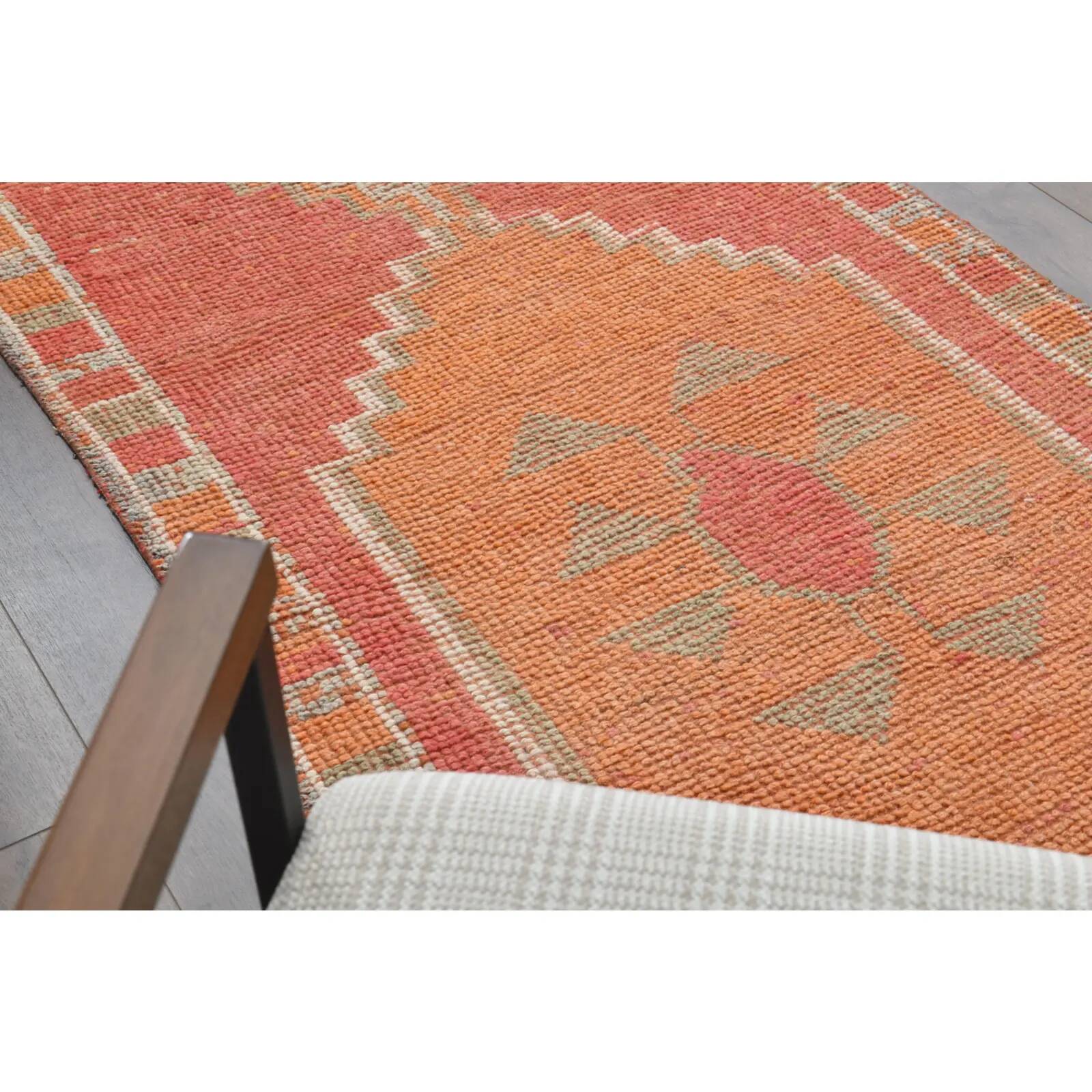 Vintage Turkish hand-knotted wool cotton orange runner rug 96x339