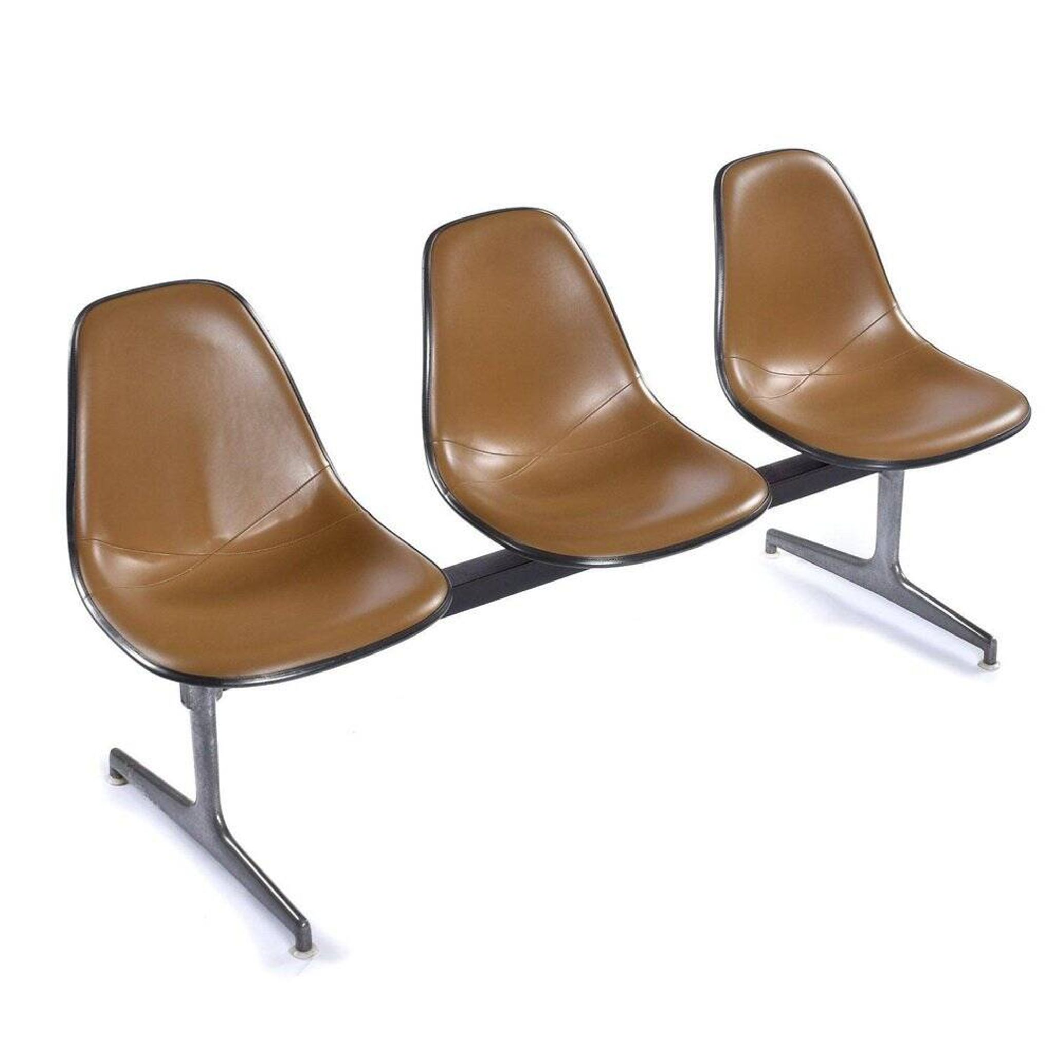 Tandem bench with brown Naugahyde pad shell chairs by Charles and Ray Eames for Herman Miller
