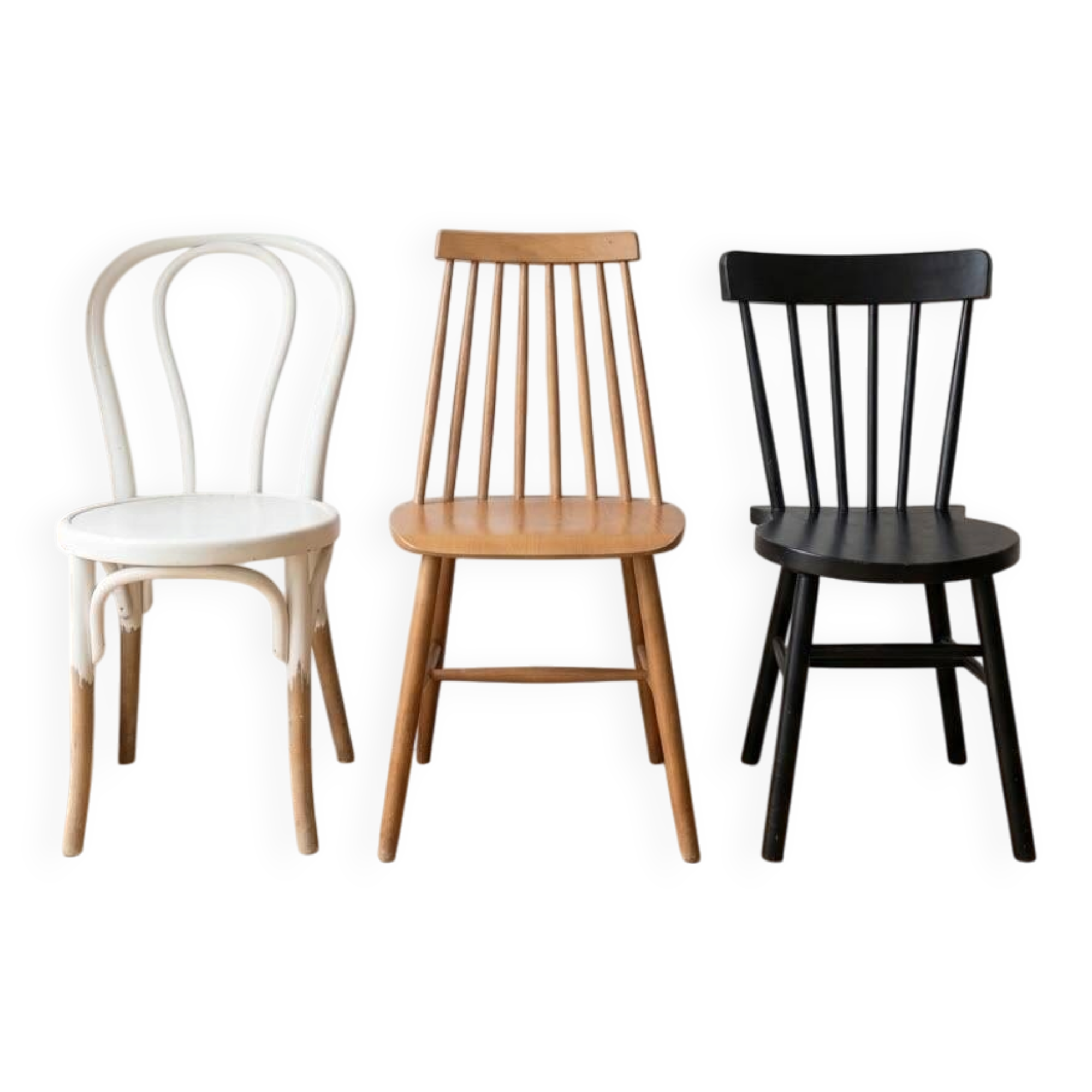 Set of 3 vintage Scandinavian and bistro wooden chairs.