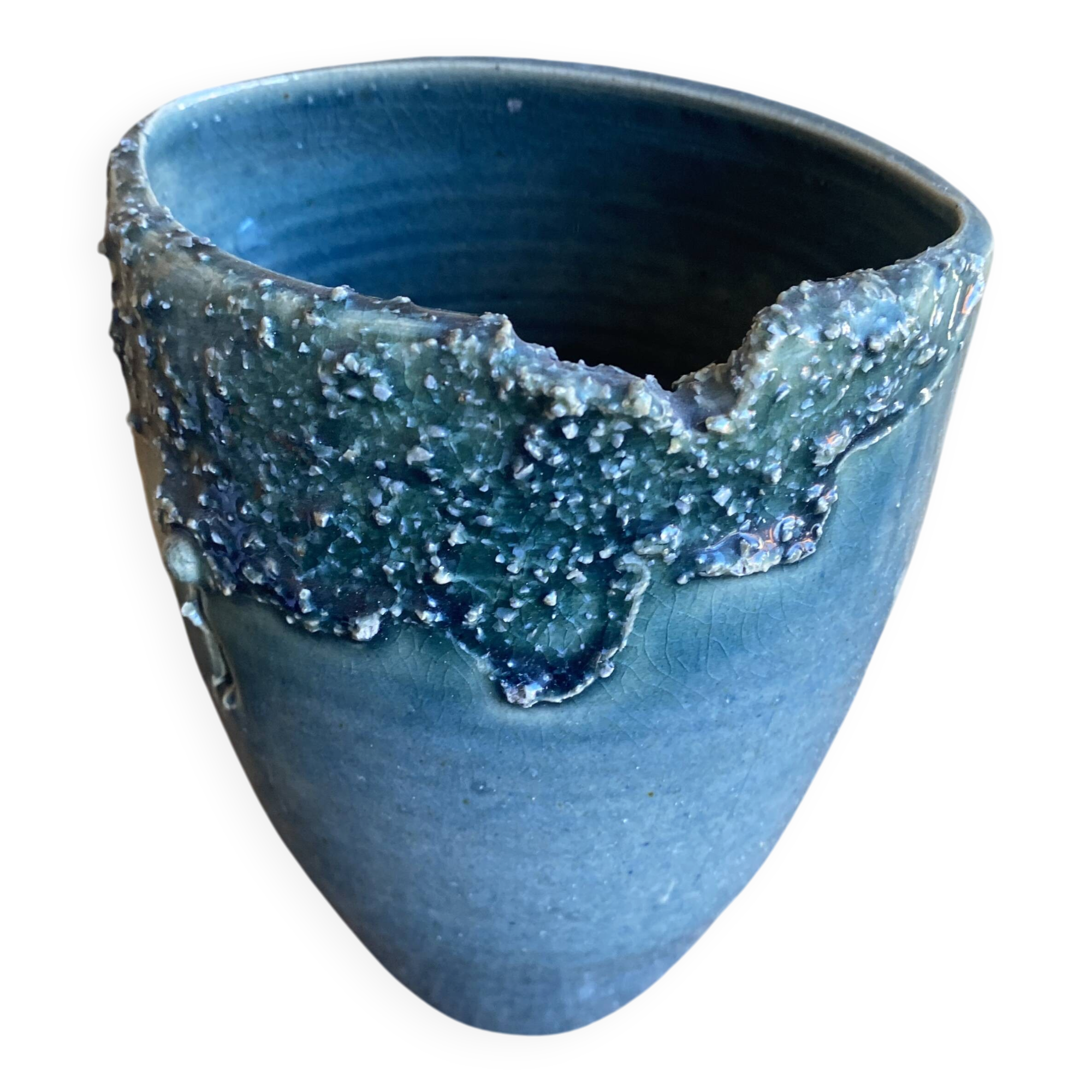 Ancient Vase JACKY COVILLE Glazed Stoneware Blue Vintage #D987