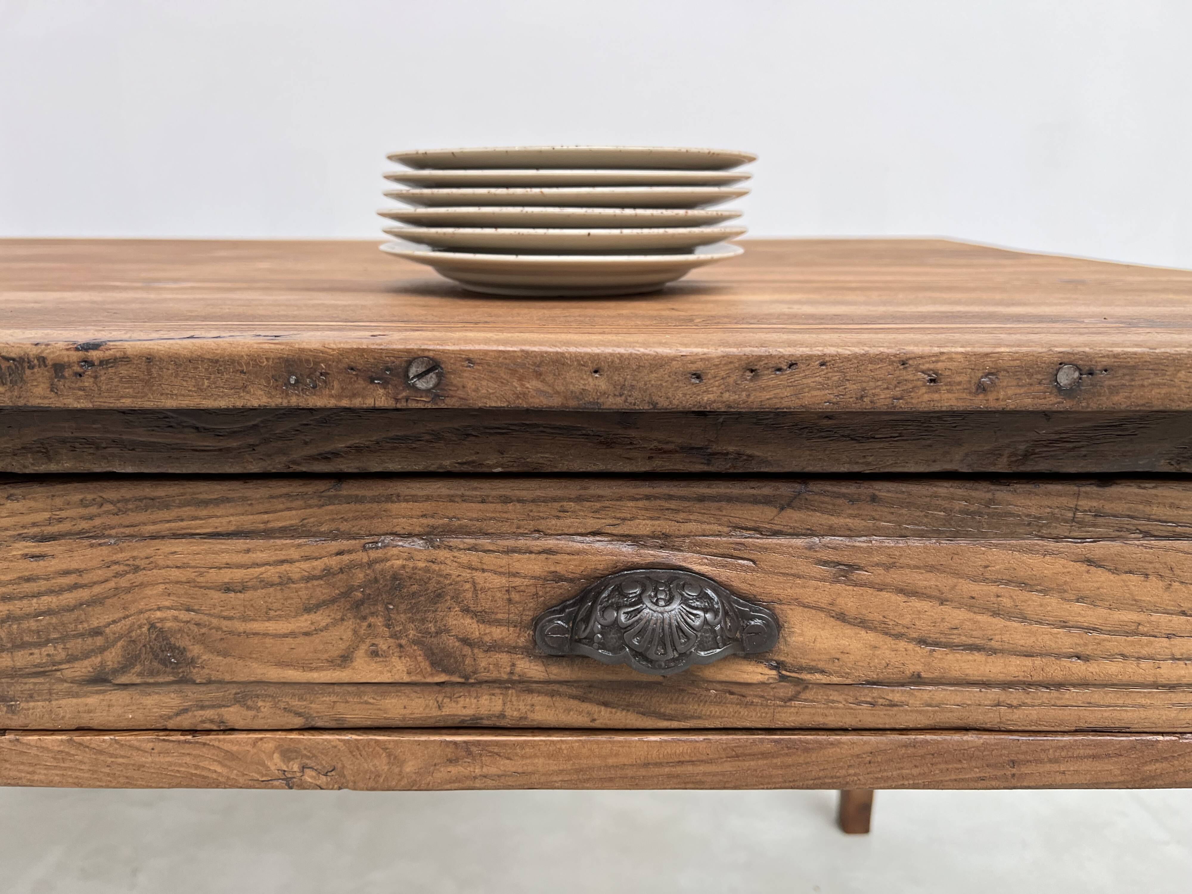 Antique farm table, fully restored, with 3 drawers