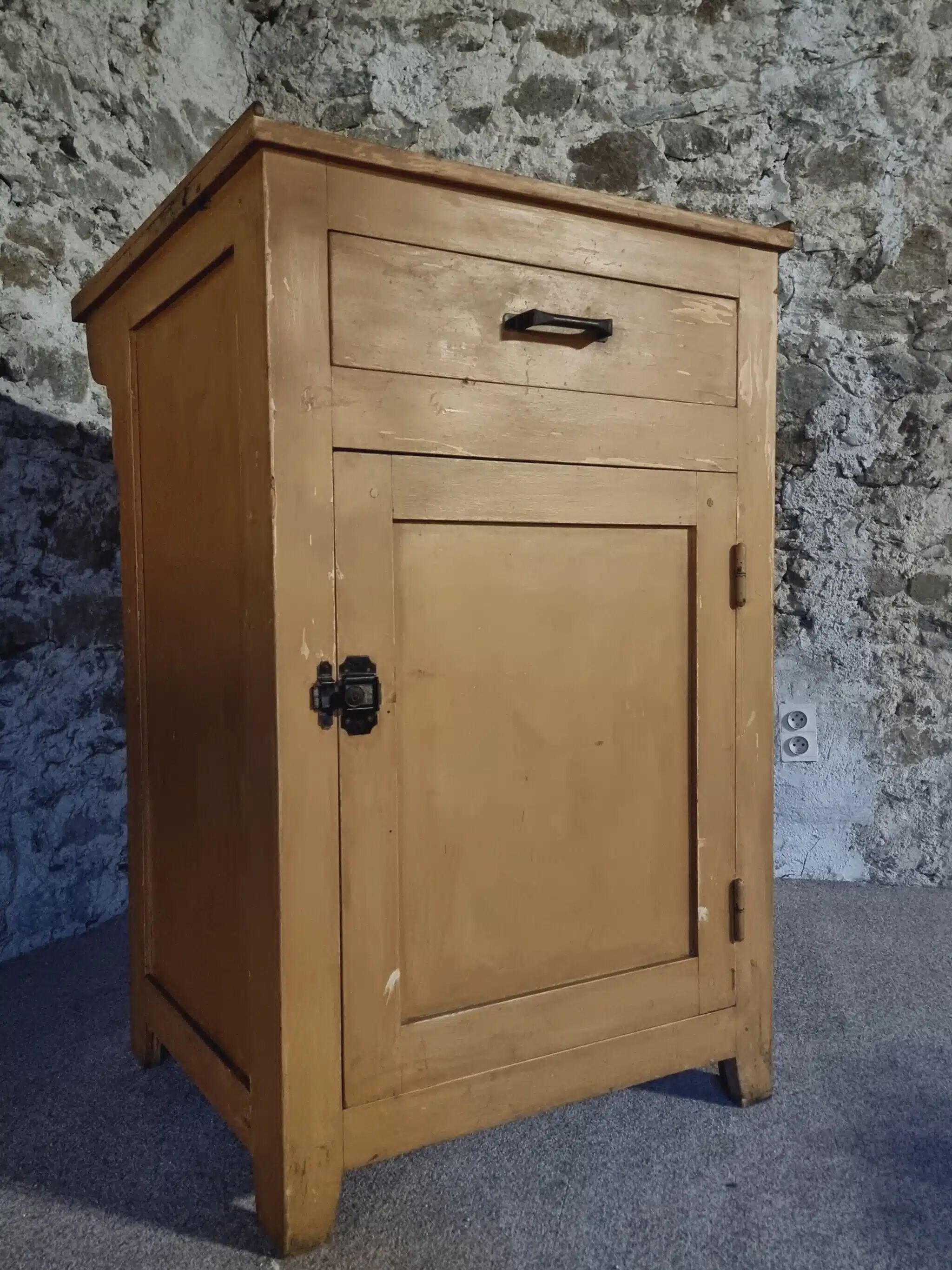 Vintage French Kitchen Work Cabinet - Rustic Painted Pine with Drawer and Cupboard (112 x 70 x 82 cm)