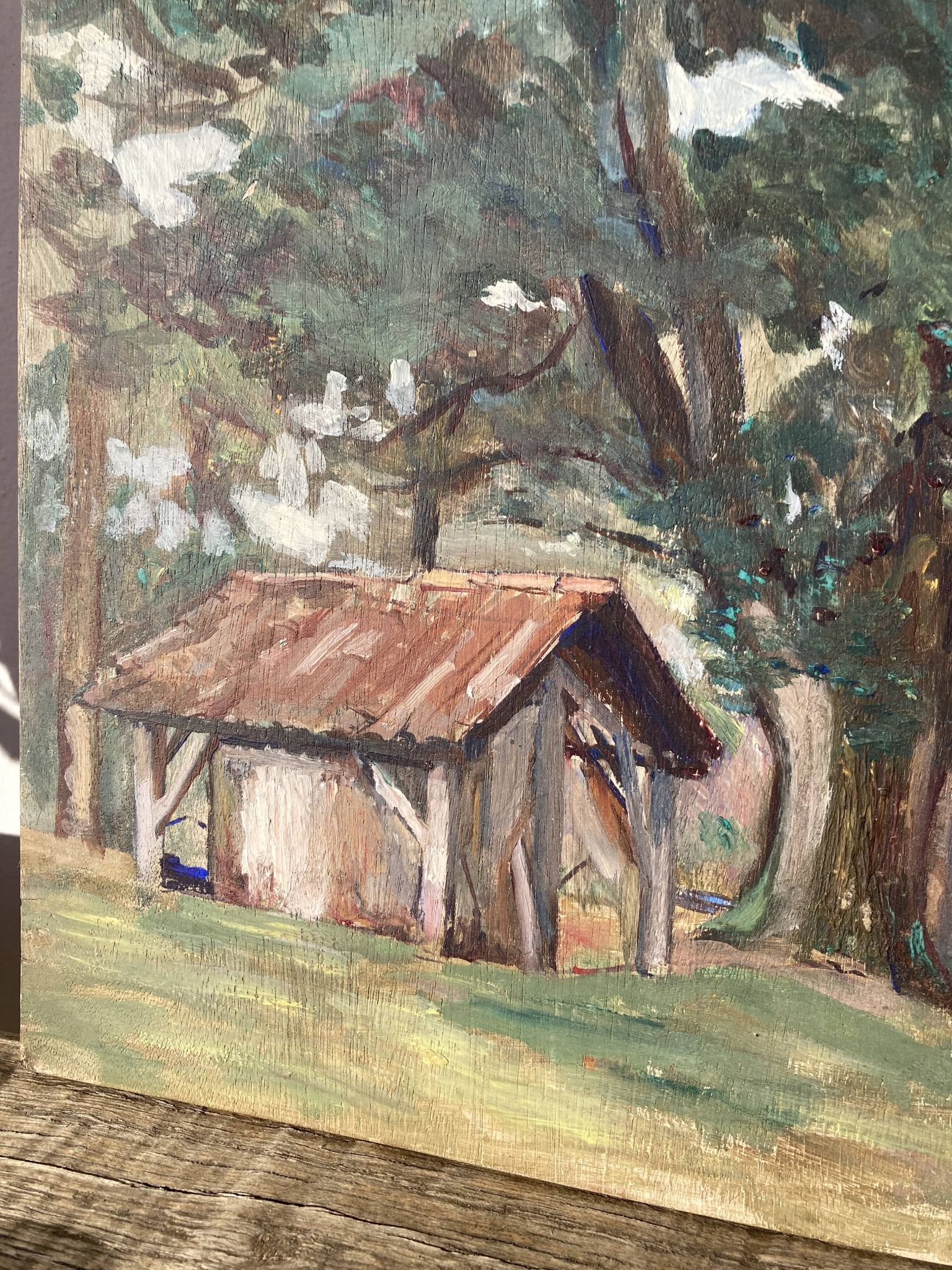 Oil on wood panel, old painting signed representing a tree and a bread oven of the Landes