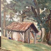 Oil on wood panel, old painting signed representing a tree and a bread oven of the Landes