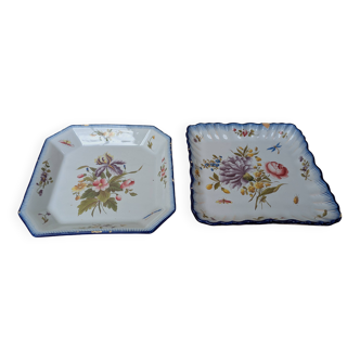 Ensemble de 2 anciennes assiettes carrées Charolles motif de fleurs
