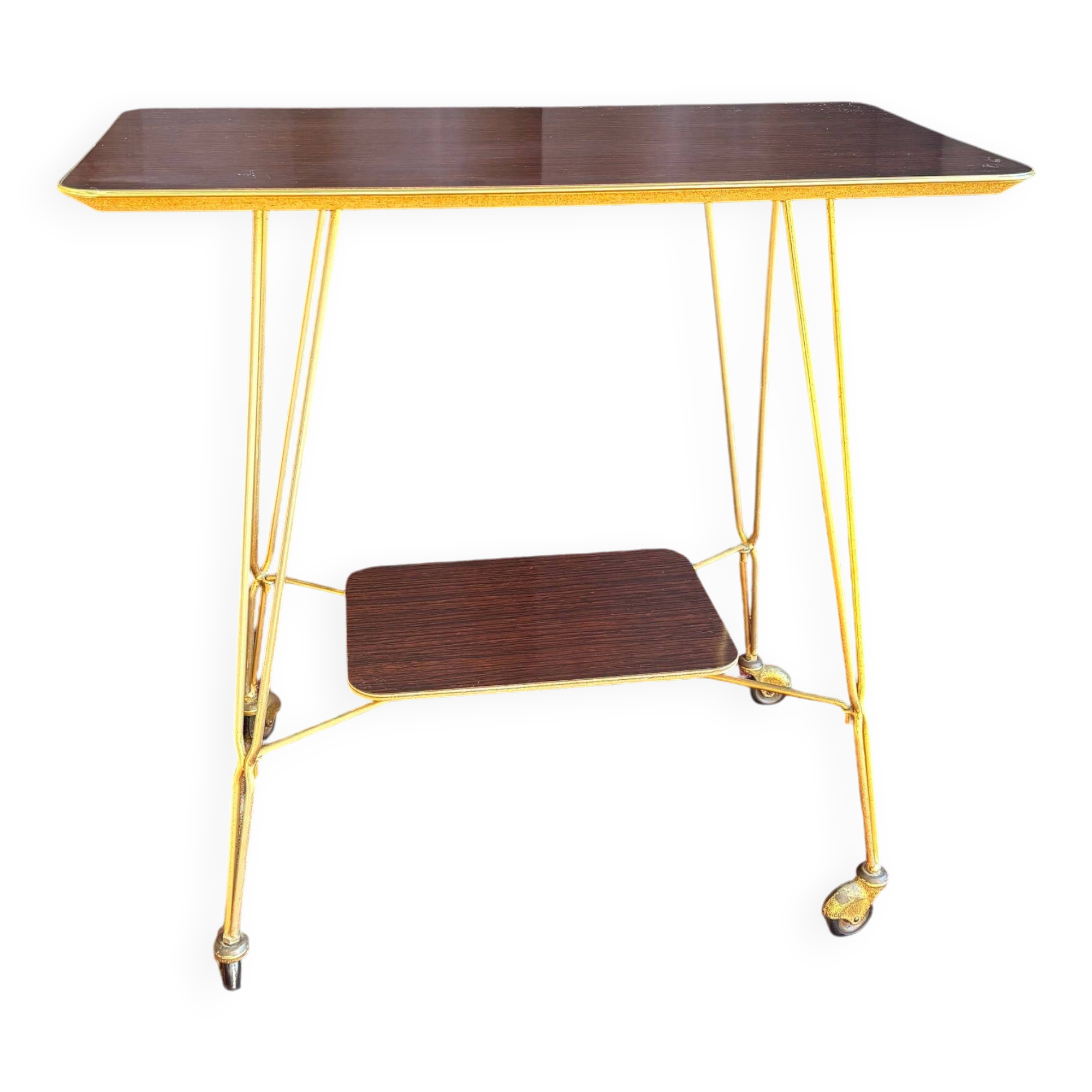 Vintage 1960s rolling dessert trolley in gold metal and formica.