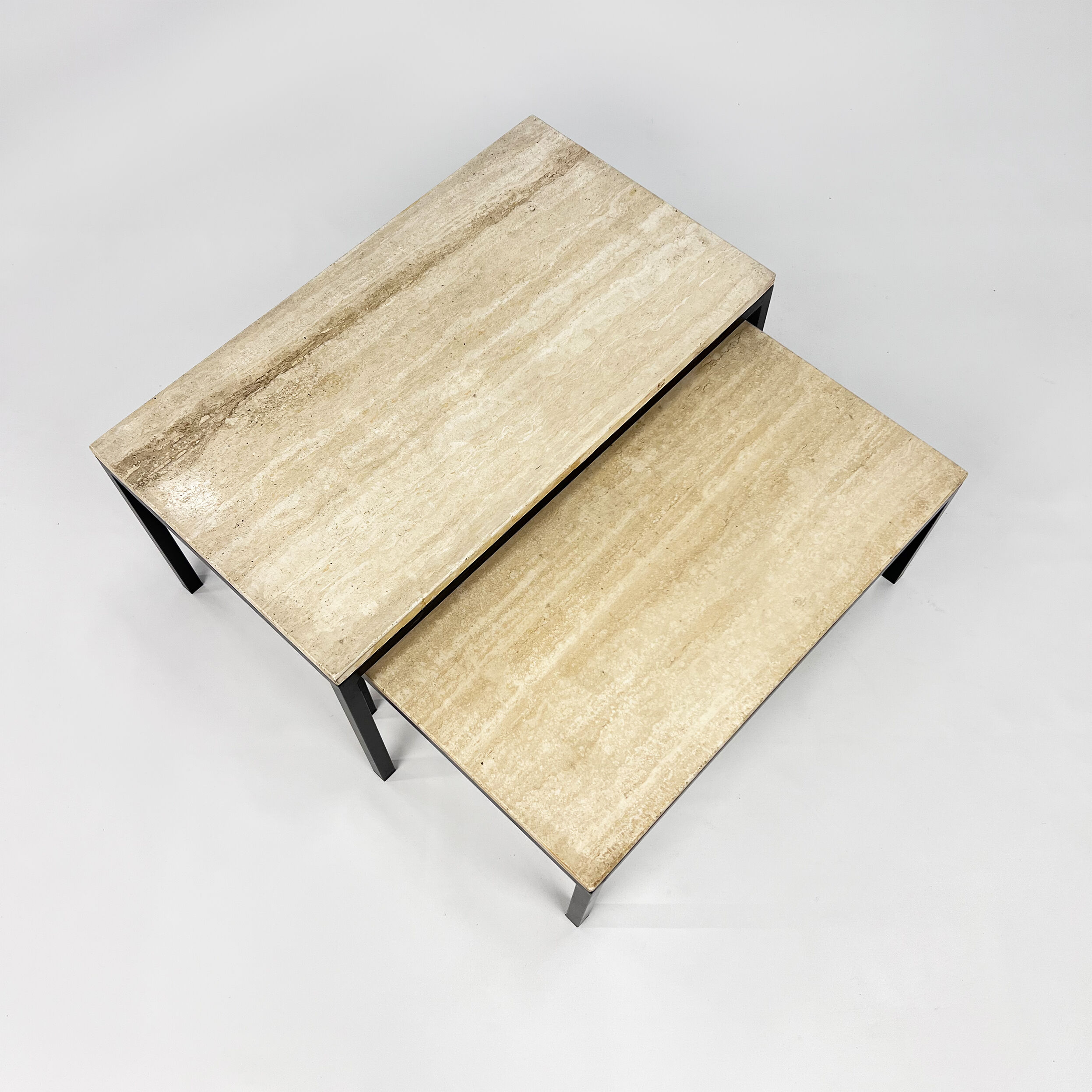 Set of 2 mid century travertine and steel coffee tables, 1960s