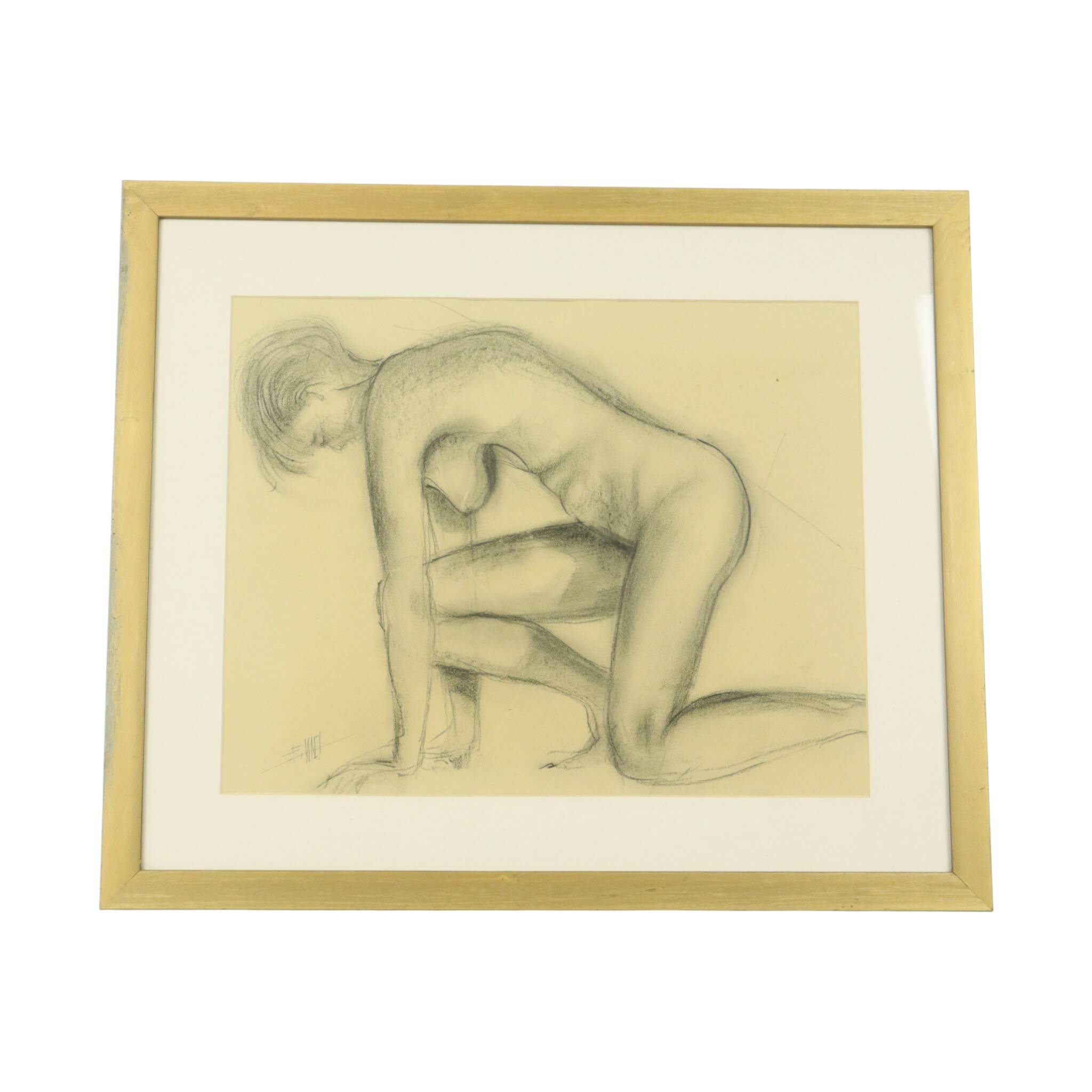 Charcoal Drawing Woman Nude Study Art Framed
