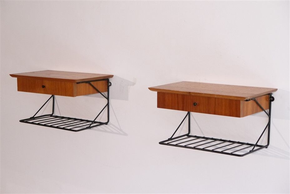 Pair of Scandinavian bedside tables to hang in teak 1960