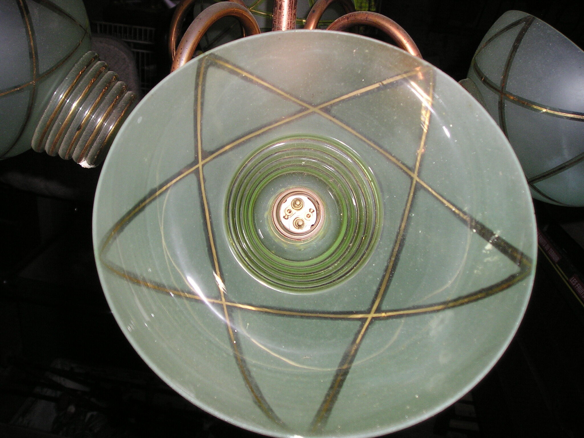 4-light copper and glass pendant chandelier, vintage 1950s