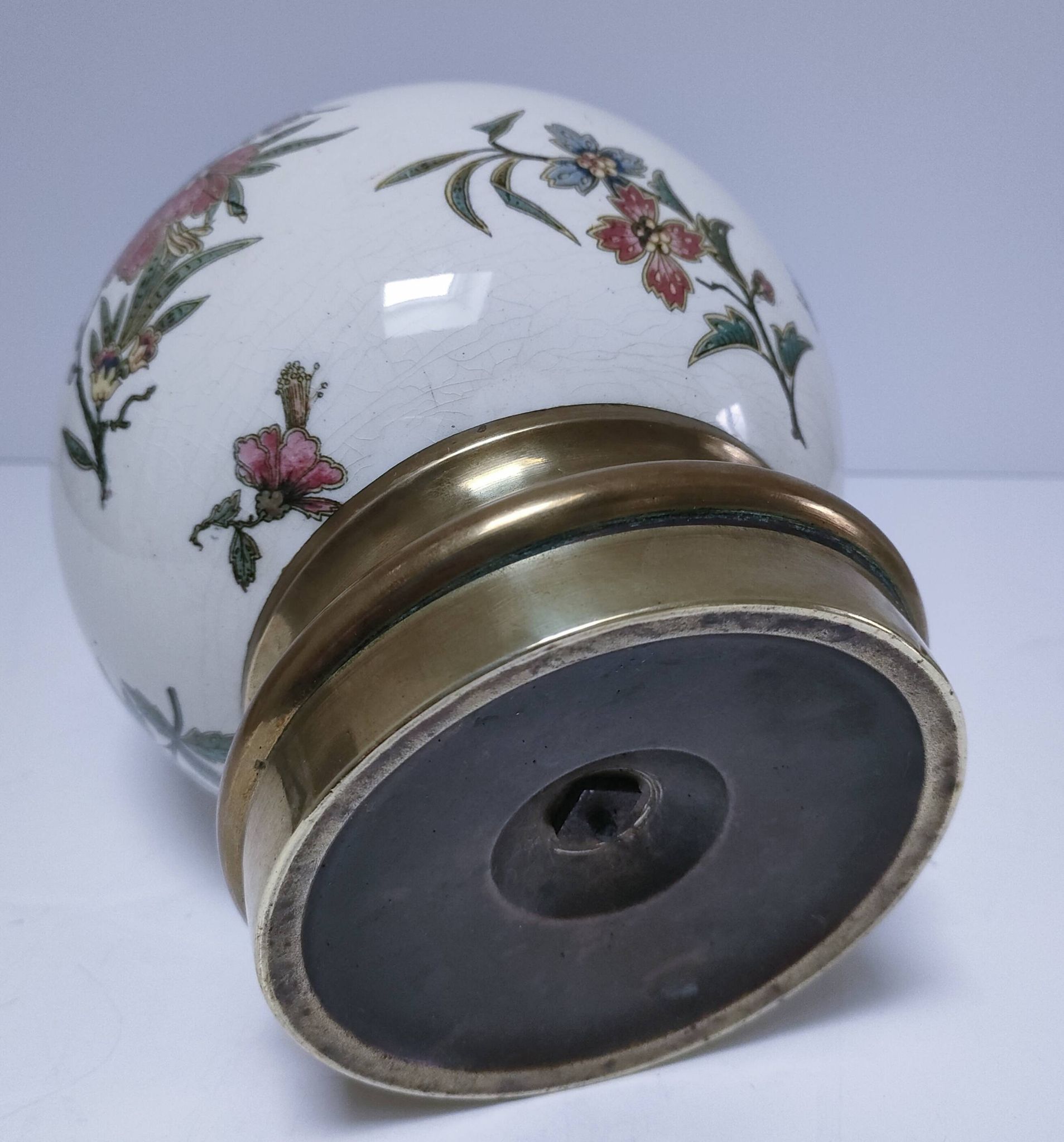 round vase earthenware brass decorated with flowers and insects early 20th century