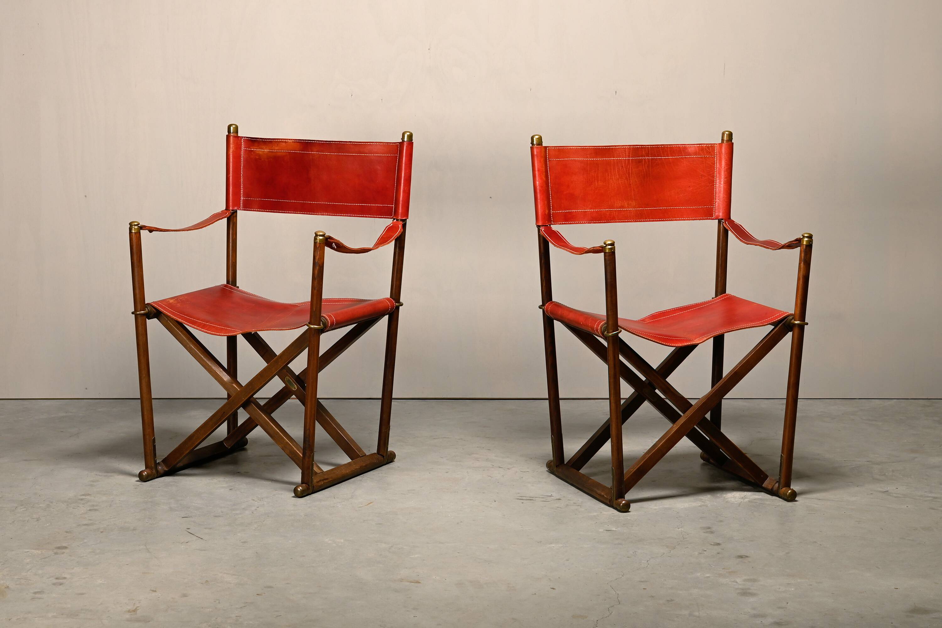 Pair Mogens Koch MK-16 Folding Chair in Oak Wood with Red Leather for Valma