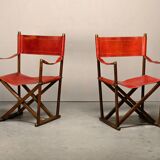 Pair Mogens Koch MK-16 Folding Chair in Oak Wood with Red Leather for Valma
