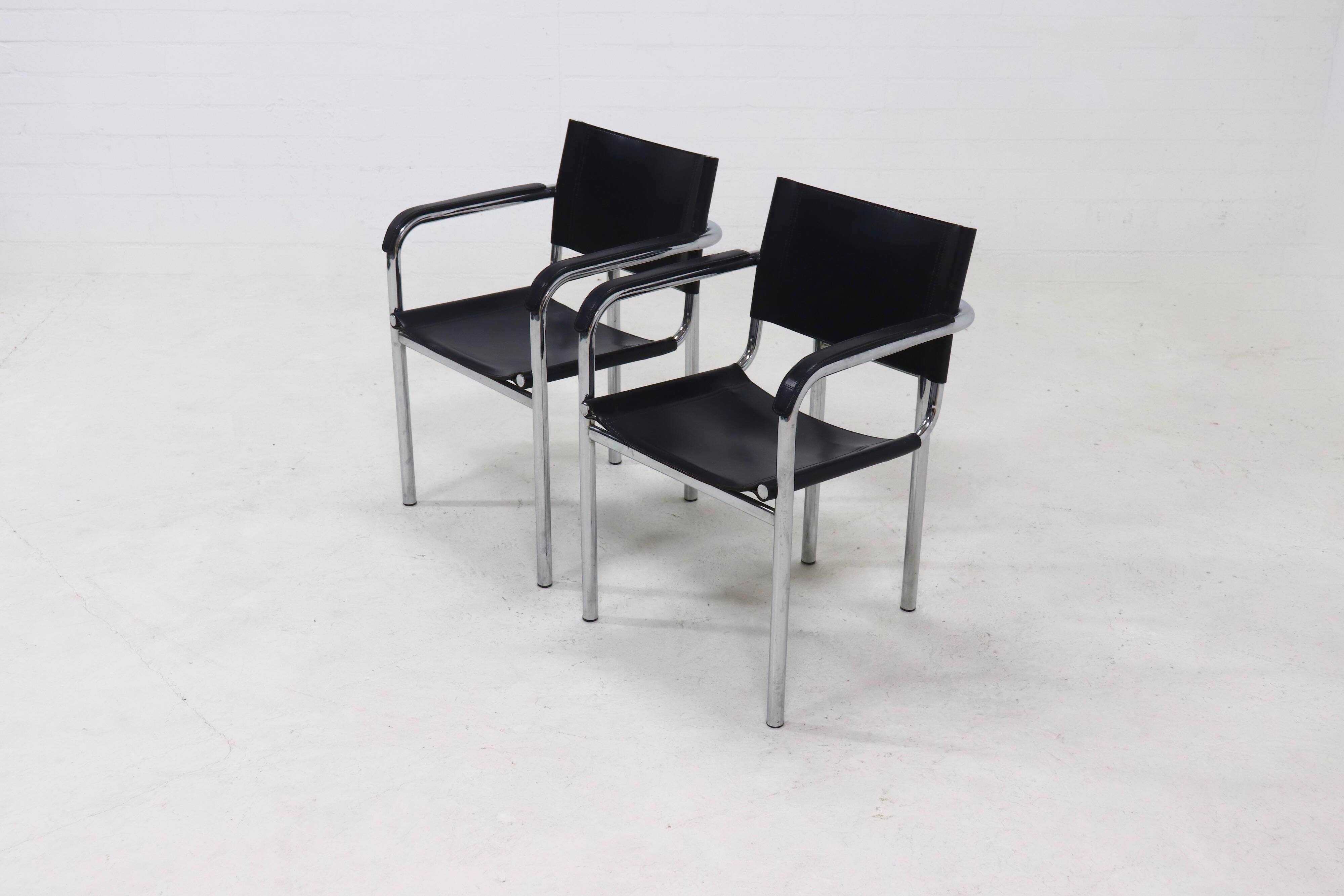 Set of 2 Italian Modern Saddle Leather and Chromed Steel Chairs 1980s