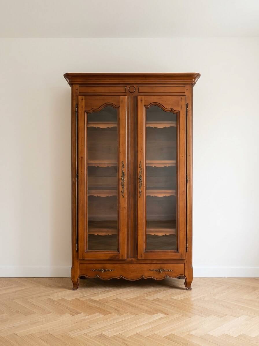 Louis XV style library in cherry wood with glass doors.