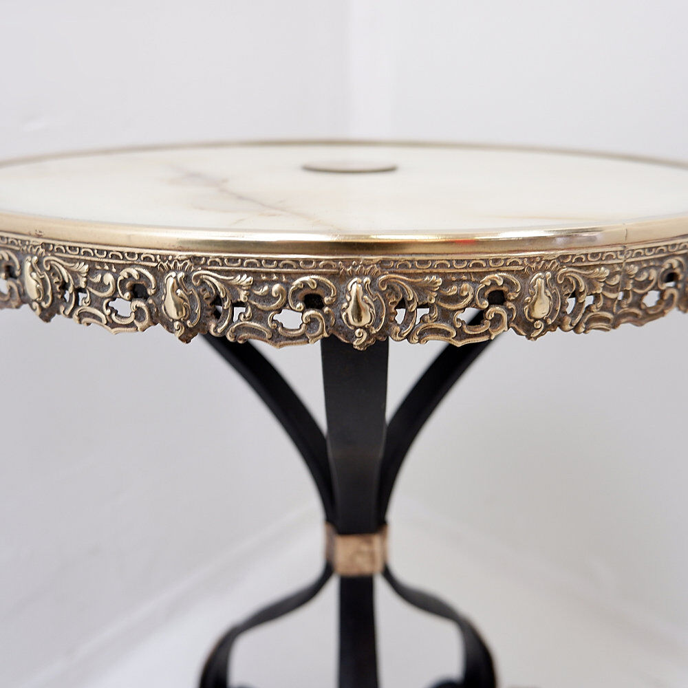 Tripod gueridon in wrought iron with brass decorations and alabaster top - 1950s