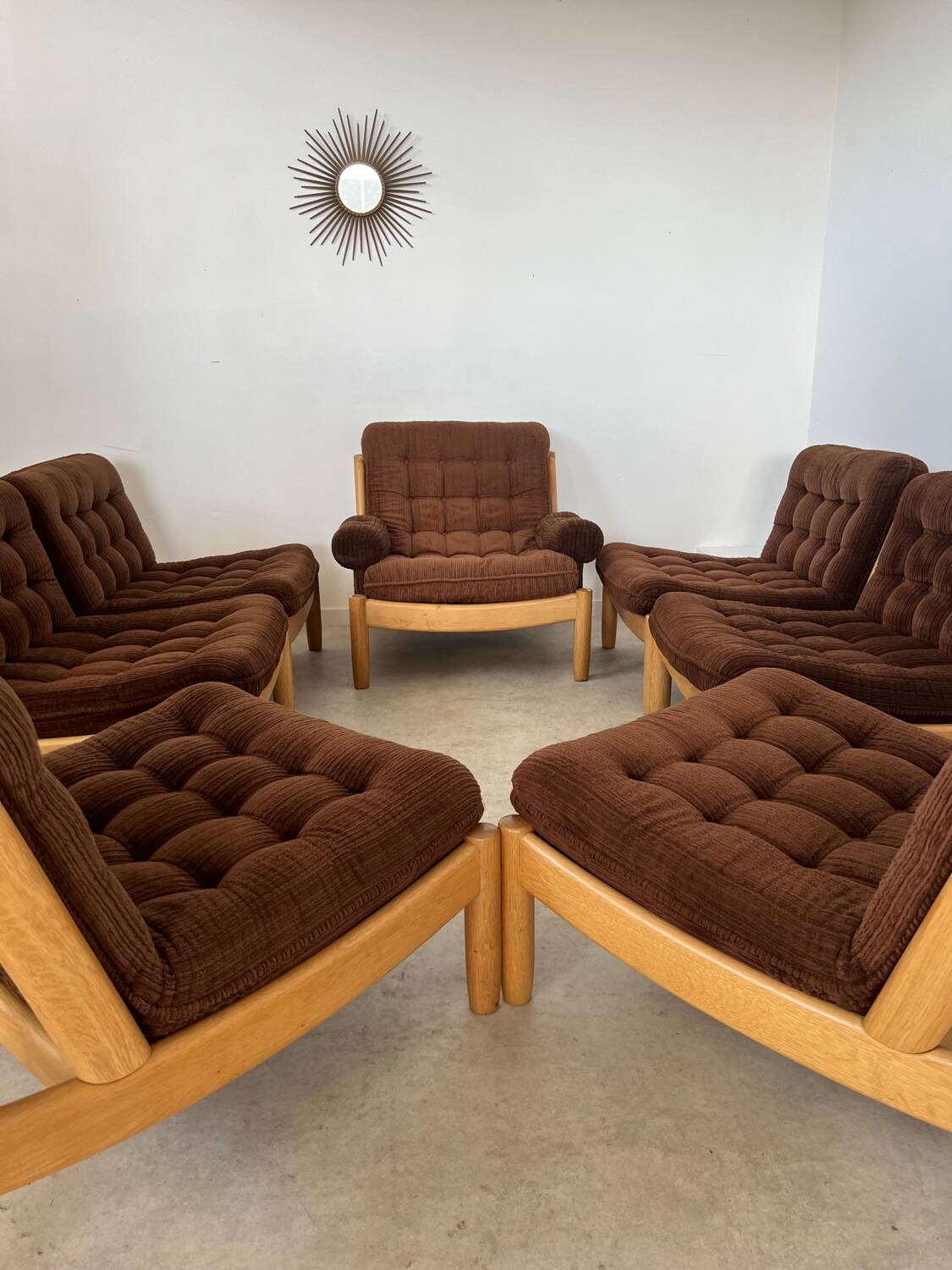 Old modular living room 7 armchairs and vintage Scandinavian design coffee table from the 60s