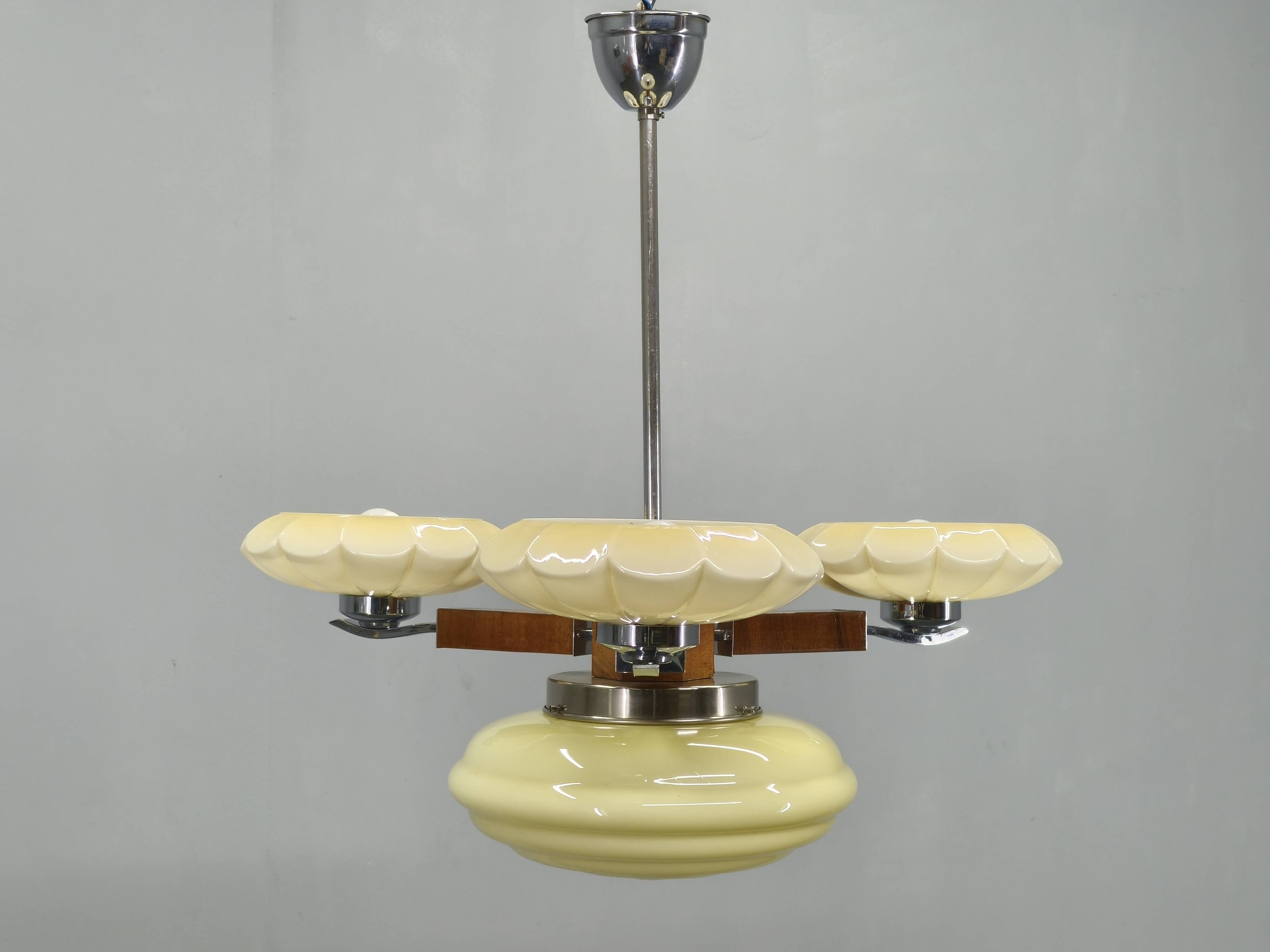 1940s Czechoslovak Art Deco Chandelier in Walnut Chrome and Glass