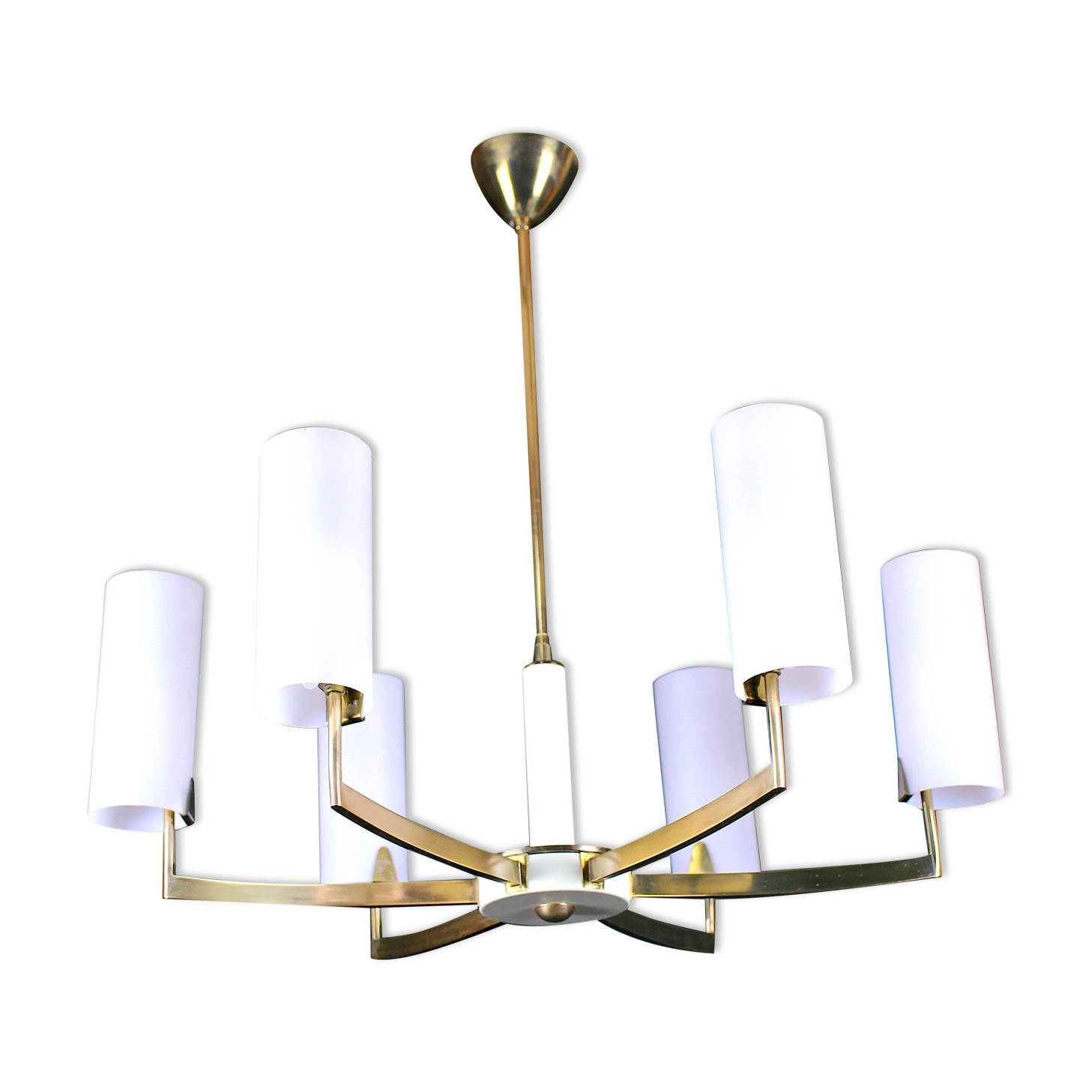 Brass and white chandelier, six opalines, Italy