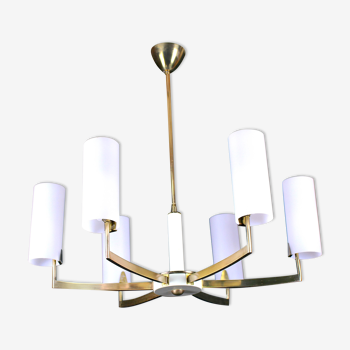 Chandelier in brass and white, six opalines, italy
